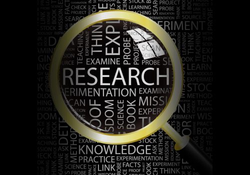 research magnifying glass word collage graphic